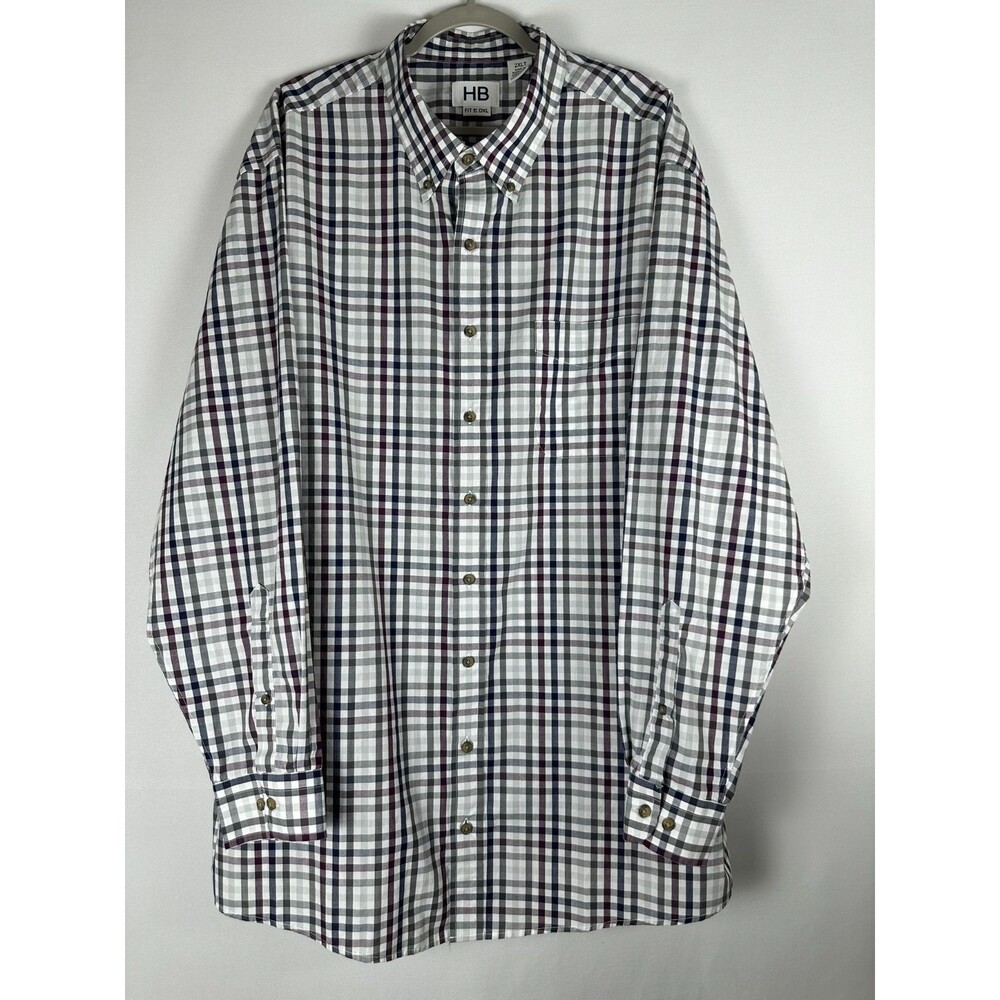 HB Fit By DXL Big Tall Plaid Shirt 2XLT Gray Burgundy Long Sleeve Button Down